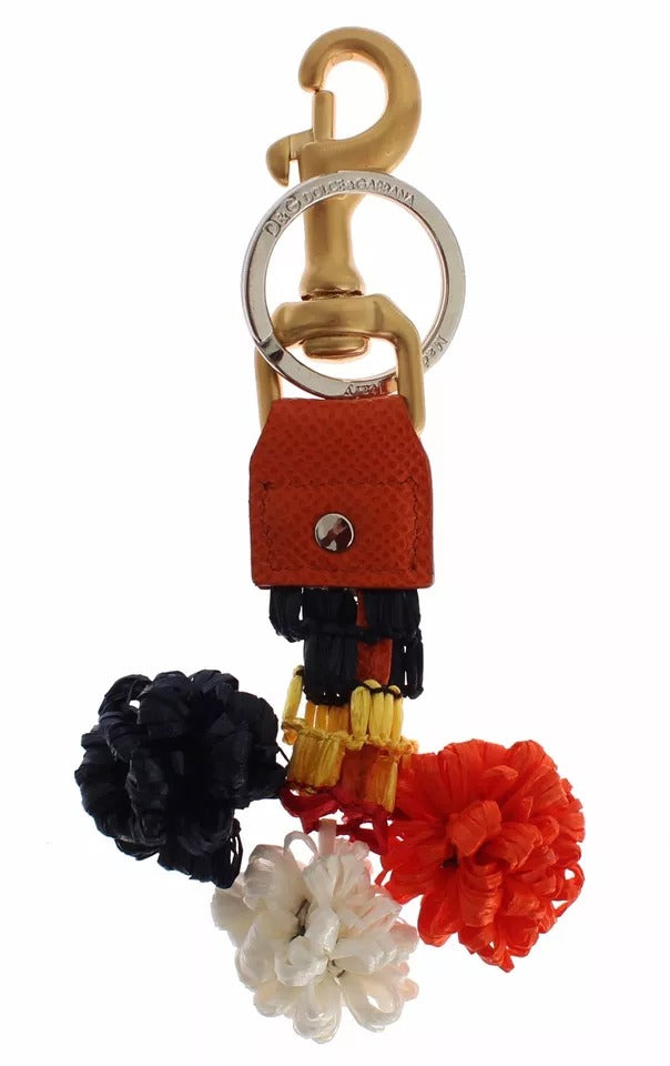 Porte-clés Dolce &amp; Gabbana en cuir raphia marron doré avec fermoir à chaîne