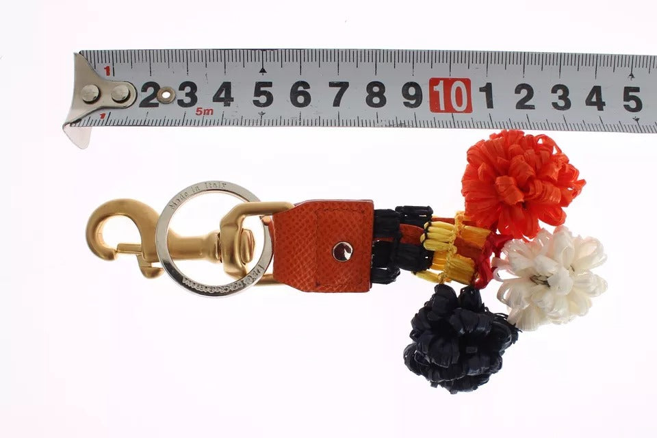 Porte-clés Dolce &amp; Gabbana en cuir raphia marron doré avec fermoir à chaîne