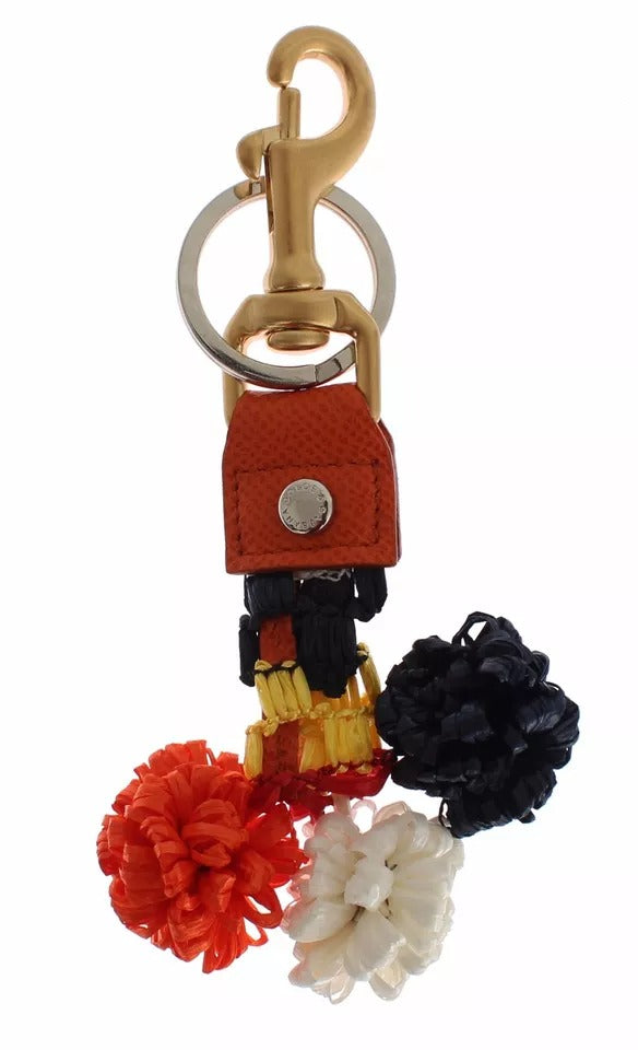 Porte-clés Dolce &amp; Gabbana en cuir raphia marron doré avec fermoir à chaîne
