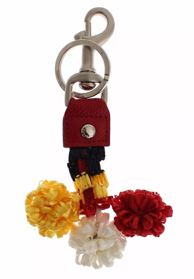 Dolce &amp; Gabbana Silver Brown Raffia Leather Clasp Finder Chain Keyring