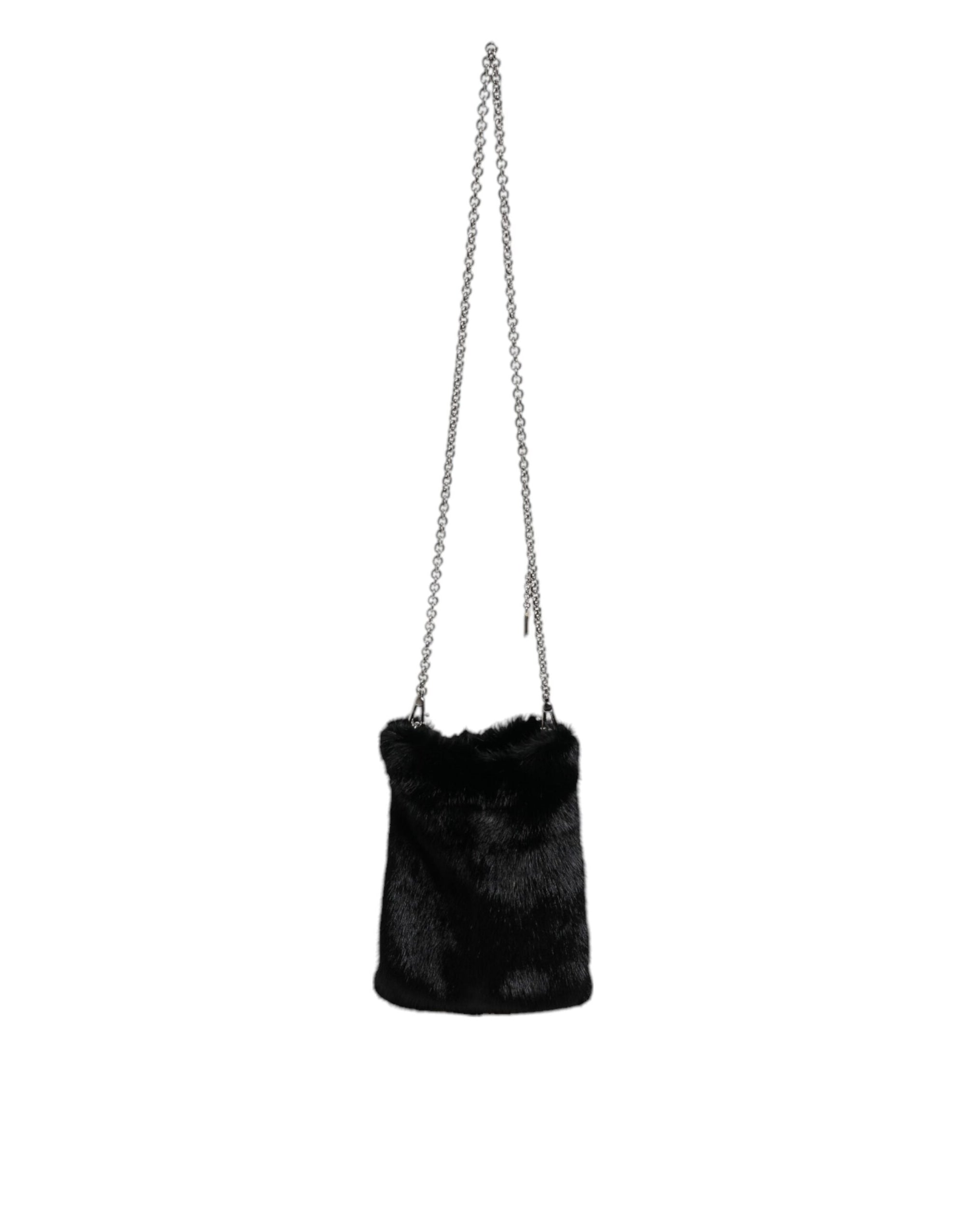 Dolce &amp; Gabbana Black Faux Fur Silver Chain Crossbody Shoulder Purse Bag