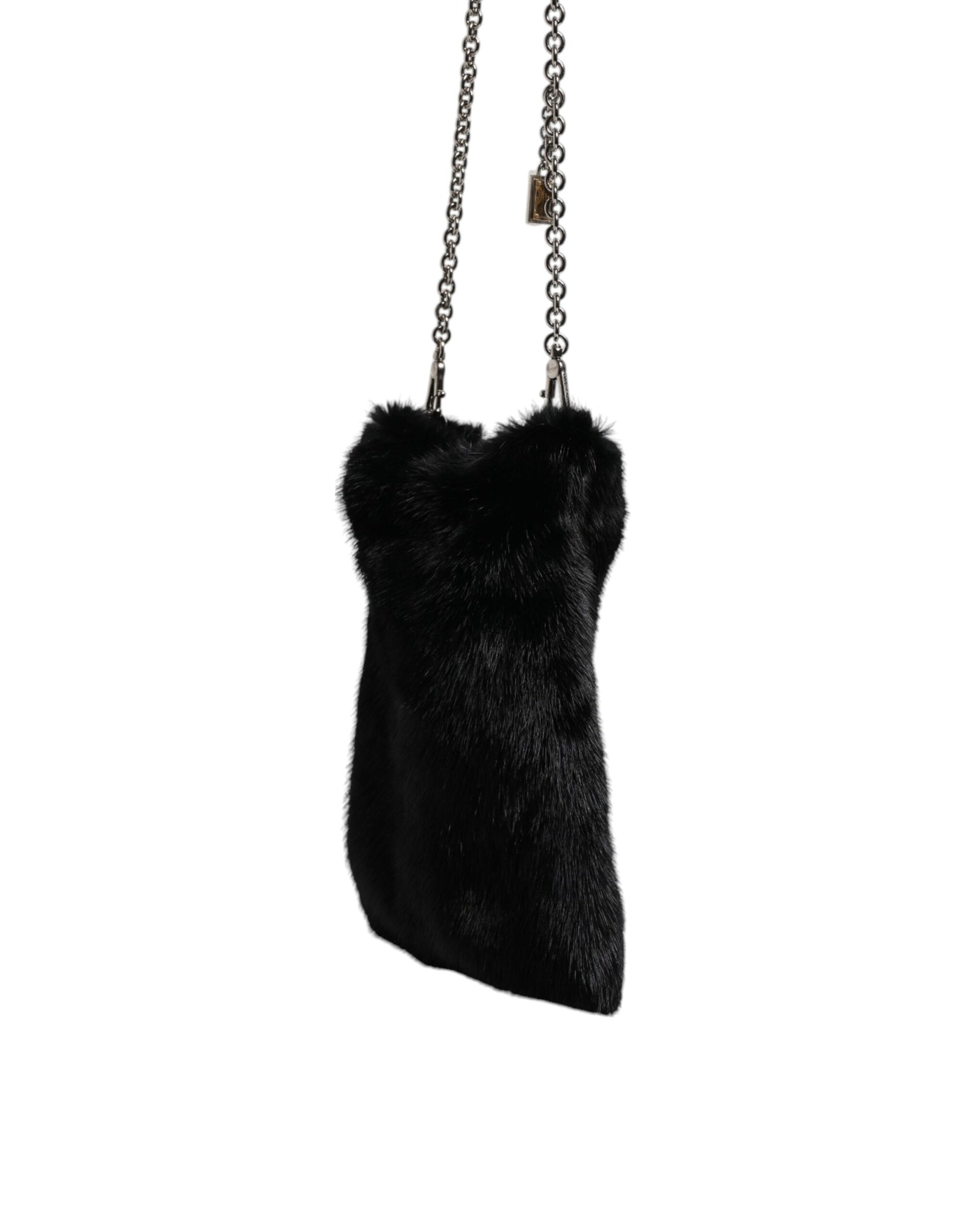 Dolce &amp; Gabbana Black Faux Fur Silver Chain Crossbody Shoulder Purse Bag