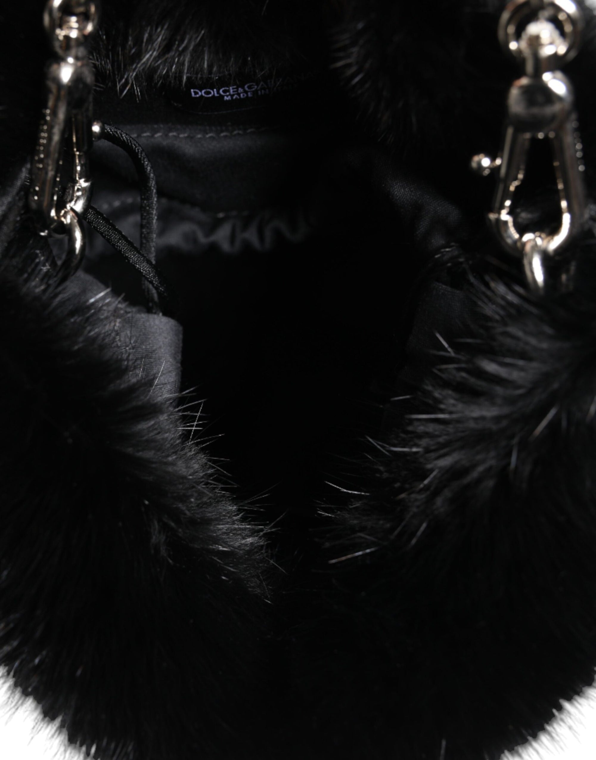 Dolce &amp; Gabbana Black Faux Fur Silver Chain Crossbody Shoulder Purse Bag