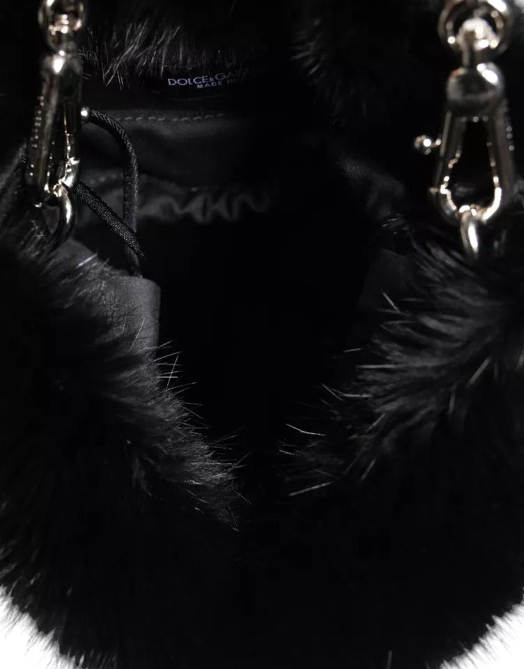 Dolce &amp; Gabbana Black Faux Fur Silver Chain Crossbody Shoulder Purse Bag