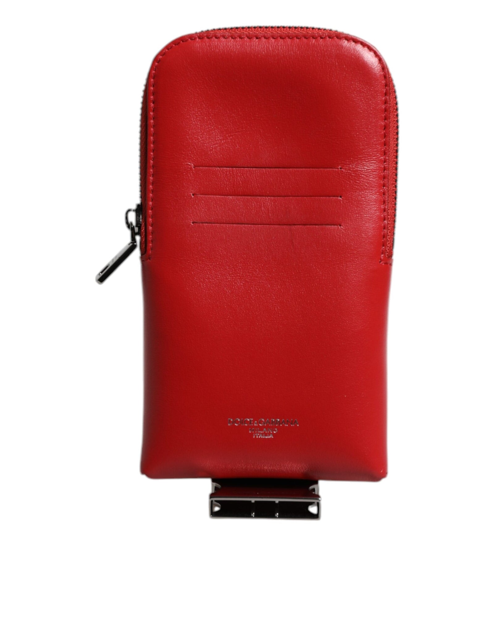 Porte-cartes zippé en cuir rouge Dolce &amp; Gabbana avec logo et large bandoulière (copie)