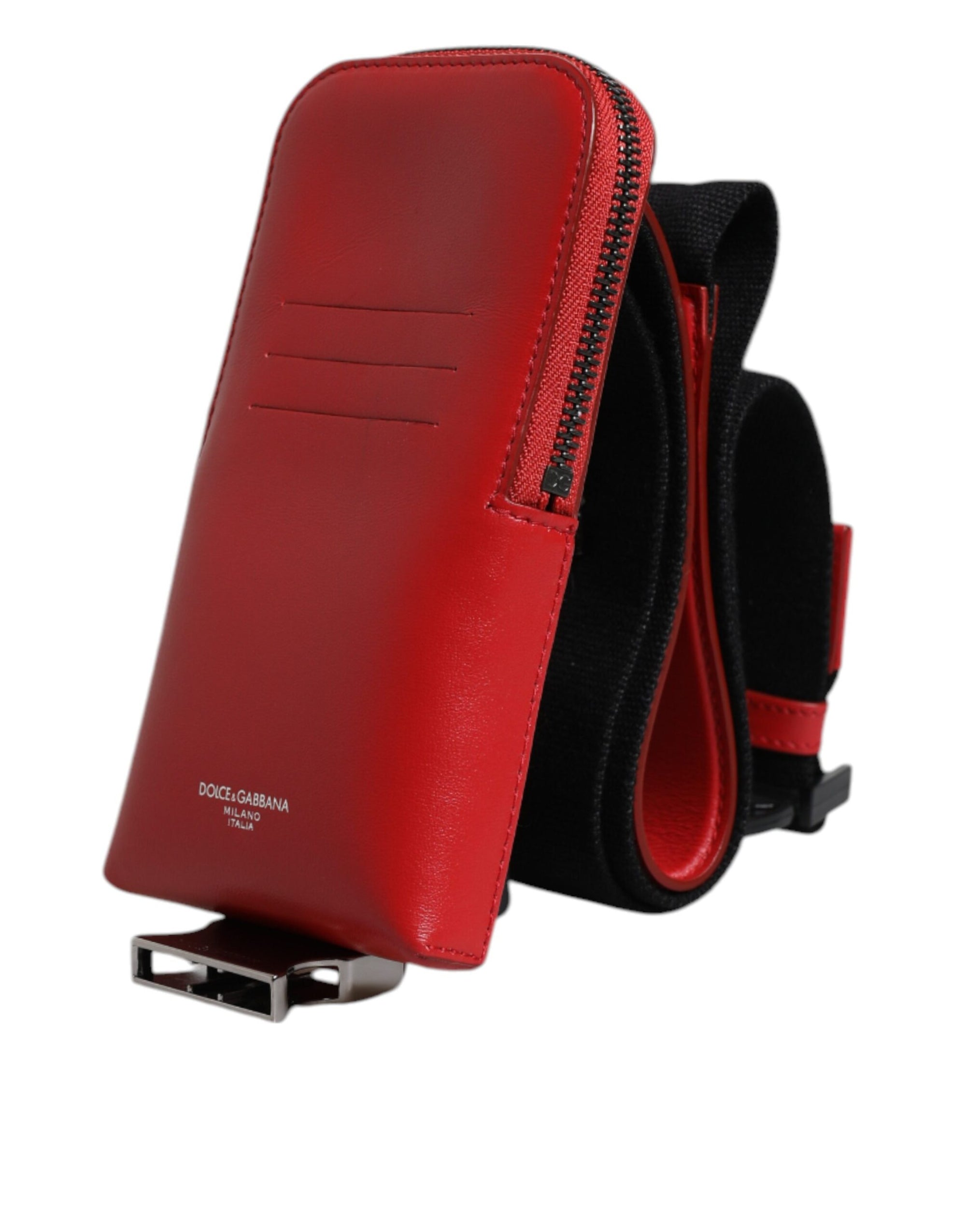 Porte-cartes zippé en cuir rouge Dolce &amp; Gabbana avec logo et large bandoulière (copie)