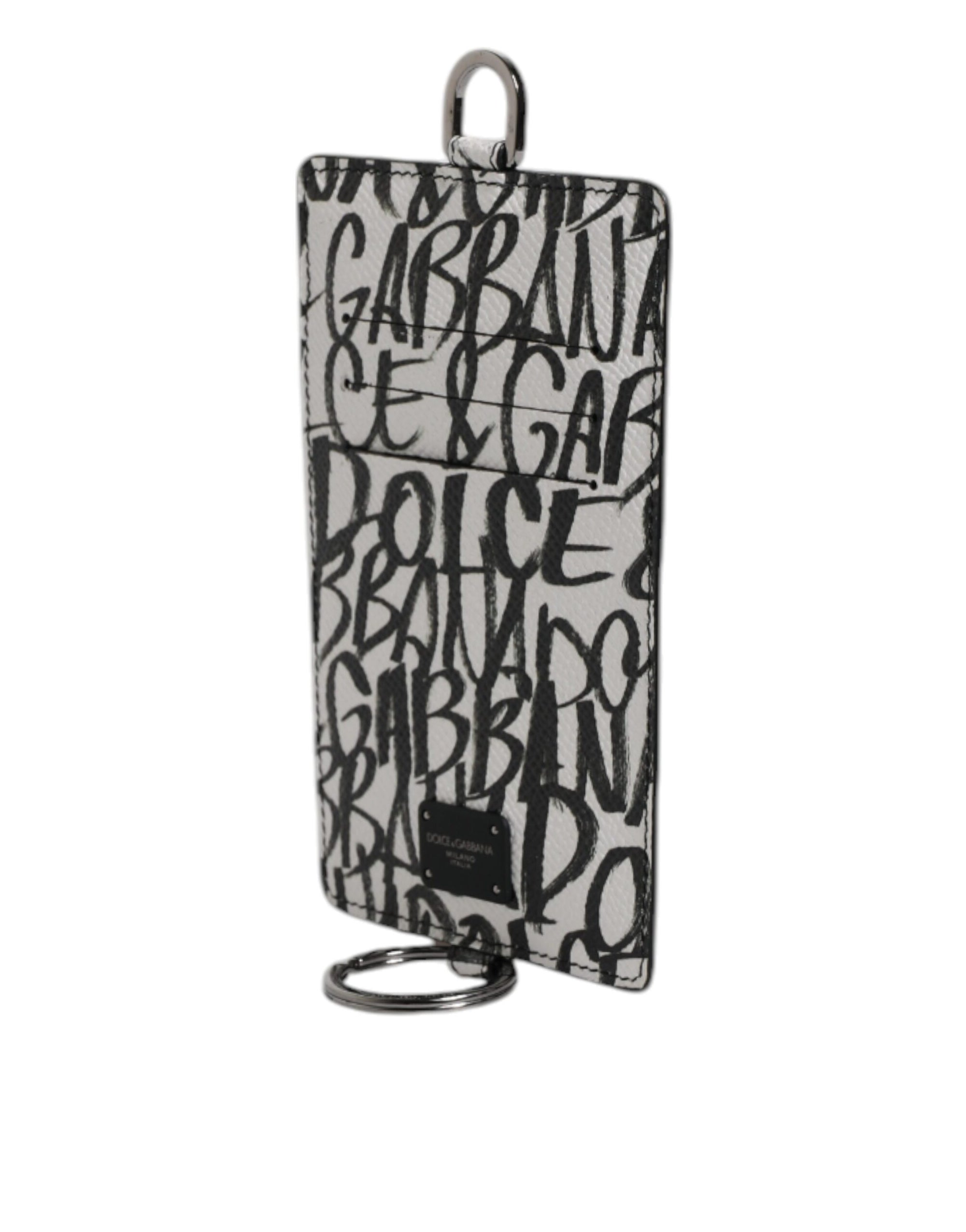 Portefeuille porte-cartes en cuir blanc Dolce &amp; Gabbana avec cordon et logo imprimé