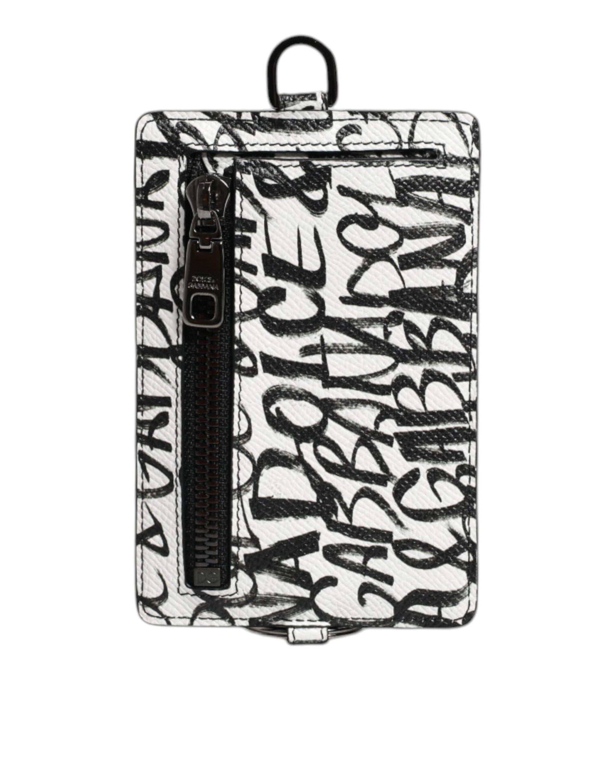 Portefeuille porte-cartes en cuir blanc Dolce &amp; Gabbana avec cordon et logo imprimé