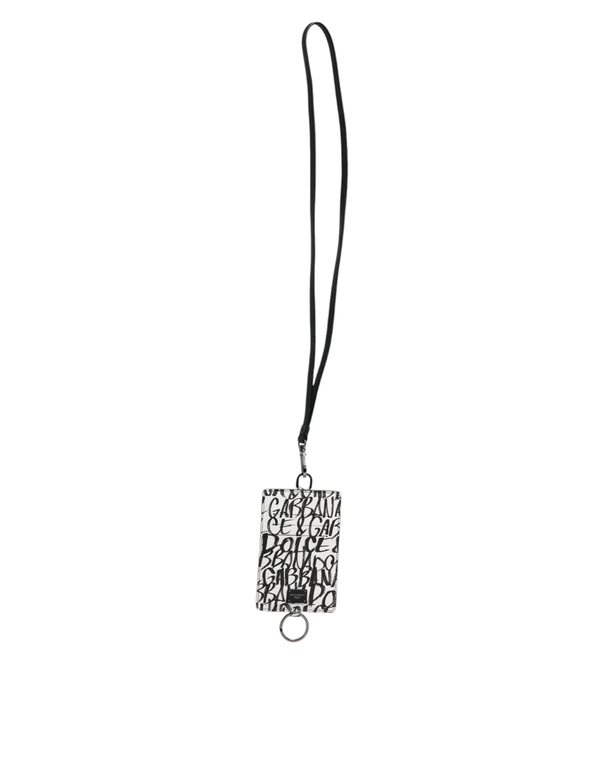 Portefeuille porte-cartes en cuir blanc Dolce &amp; Gabbana avec cordon et logo imprimé