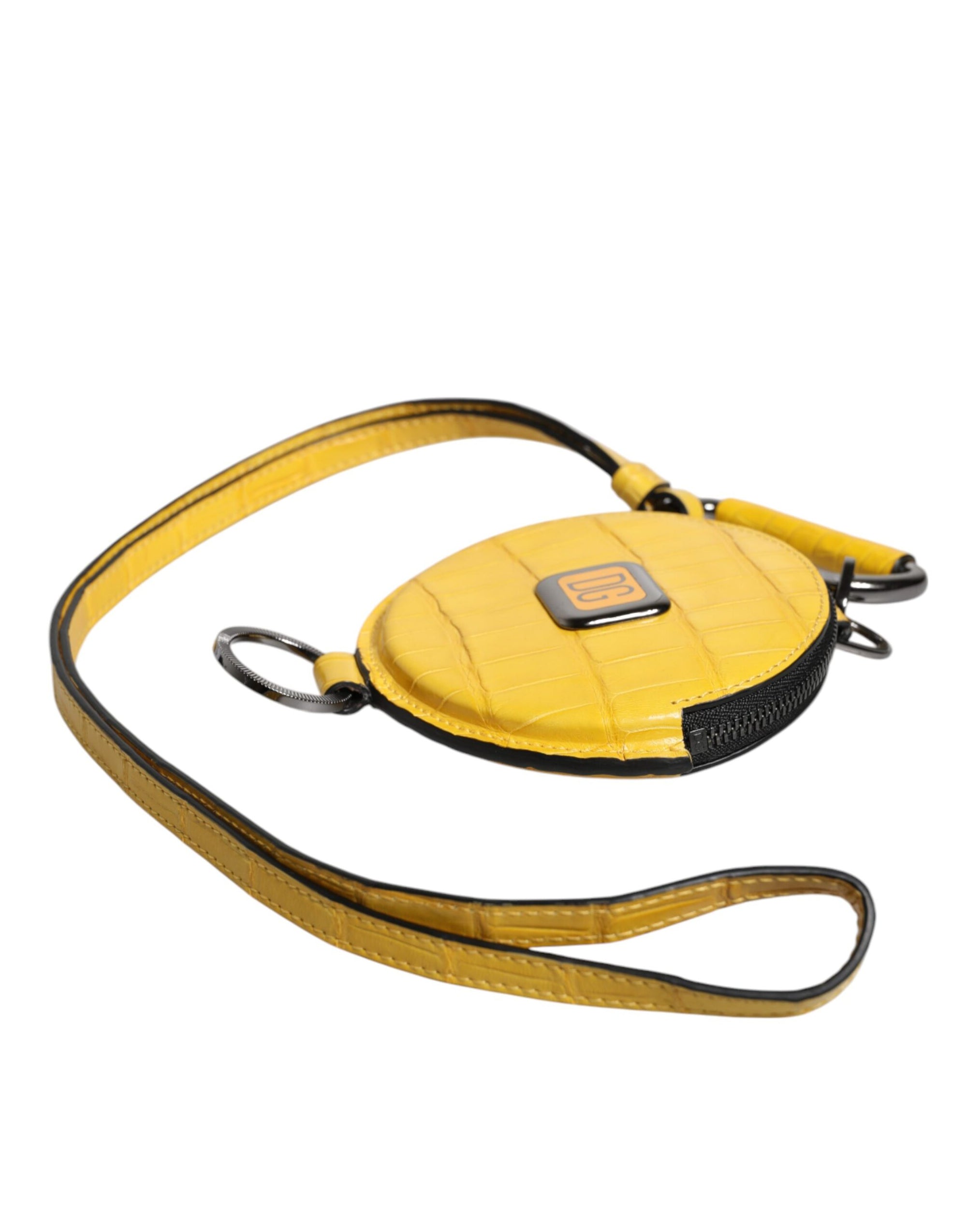 Portefeuille rond en cuir jaune Dolce &amp; Gabbana avec cordon et porte-monnaie à logo DG