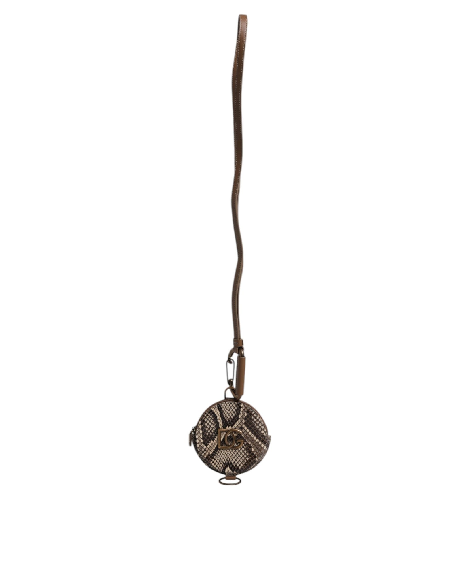 Dolce &amp; Gabbana Brown Round Leather DG Logo Coin Purse Lanyard Wallet