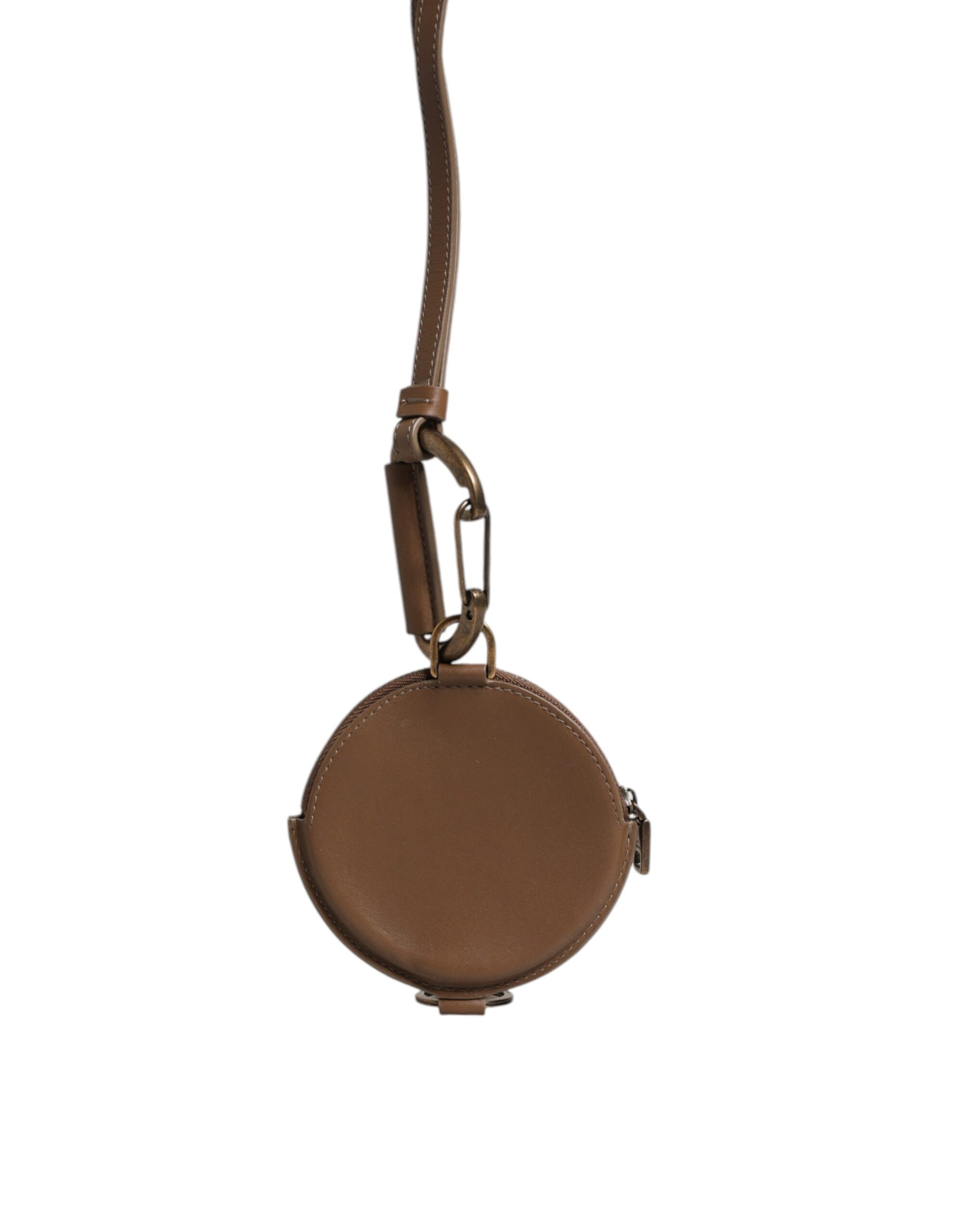 Dolce &amp; Gabbana Brown Round Leather DG Logo Coin Purse Lanyard Wallet
