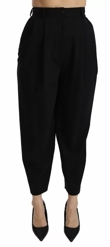 Dolce &amp; Gabbana Black Wool High Waist Pleat Front Cropped Pants