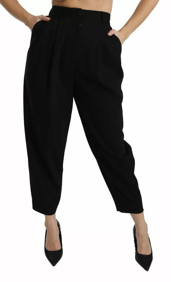 Dolce &amp; Gabbana Black Wool High Waist Pleat Front Cropped Pants