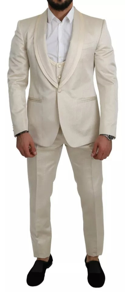 Dolce &amp; Gabbana Costume châle 3 pièces en laine beige crème SICILIA