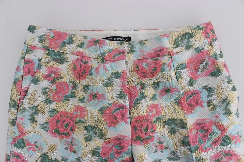 Dolce &amp; Gabbana White Pink Floral Brocade Pants