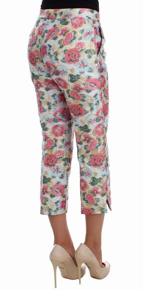 Dolce &amp; Gabbana White Pink Floral Brocade Pants