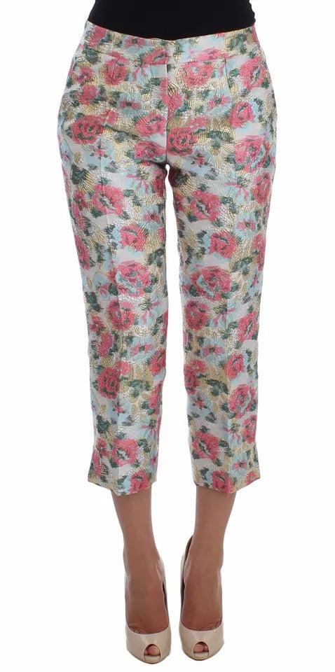 Dolce &amp; Gabbana White Pink Floral Brocade Pants