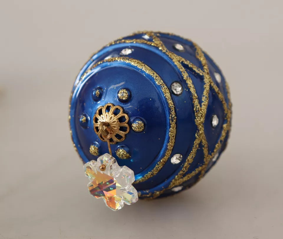 Dolce &amp; Gabbana Gold Brass Blue Christmas Ball Crystal Hook Jewelry Earrings