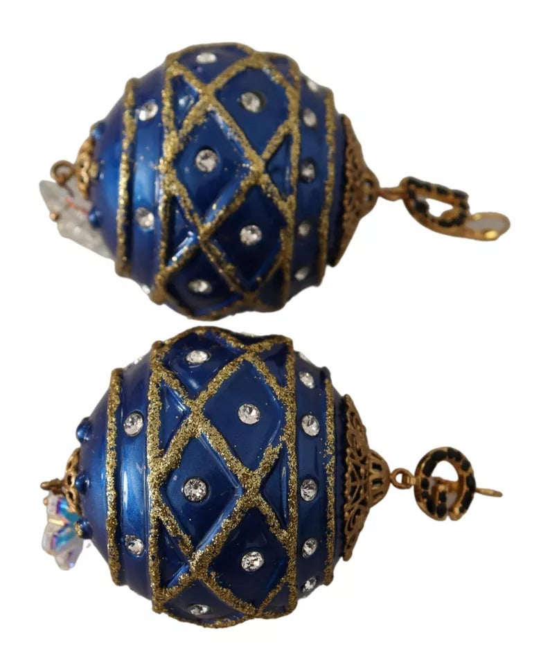 Dolce &amp; Gabbana Gold Brass Blue Christmas Ball Crystal Hook Jewelry Earrings