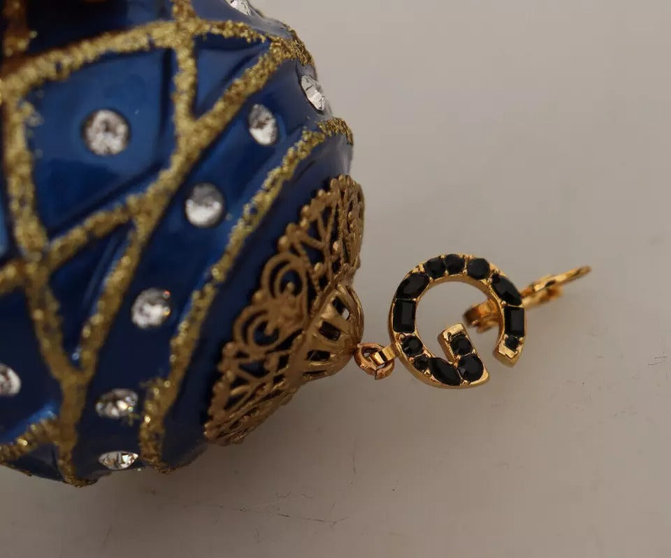 Dolce &amp; Gabbana Gold Brass Blue Christmas Ball Crystal Hook Jewelry Earrings