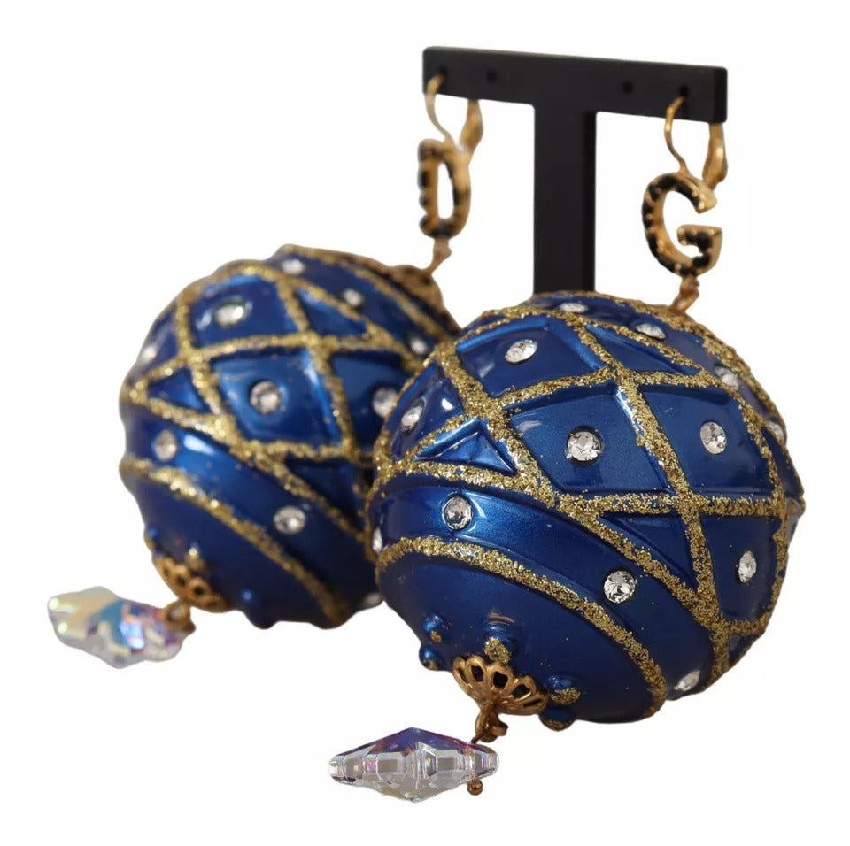 Dolce &amp; Gabbana Gold Brass Blue Christmas Ball Crystal Hook Jewelry Earrings