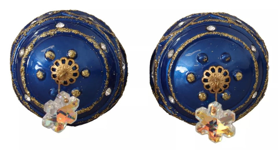Dolce &amp; Gabbana Gold Brass Blue Christmas Ball Crystal Hook Jewelry Earrings