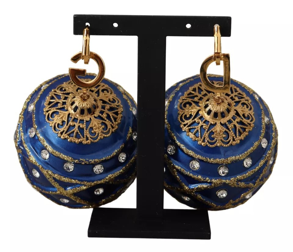 Dolce &amp; Gabbana Gold Brass Blue Christmas Ball Crystal Hook Jewelry Earrings