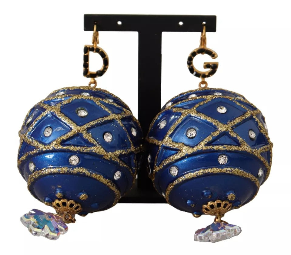 Dolce &amp; Gabbana Gold Brass Blue Christmas Ball Crystal Hook Jewelry Earrings