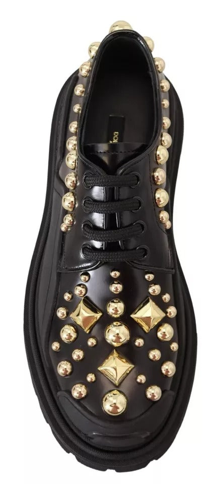 Dolce &amp; Gabbana Black Leather Trekking Derby Embellished Shoes