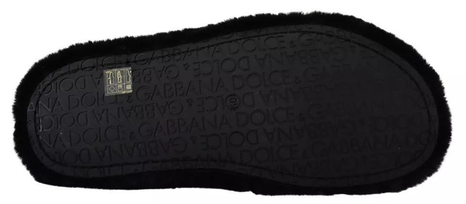 Dolce &amp; Gabbana Black Polyester Faux Fur Mens Flats Sandals Shoes