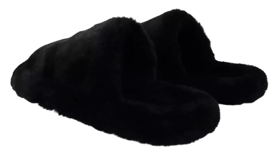 Dolce &amp; Gabbana Black Polyester Faux Fur Mens Flats Sandals Shoes