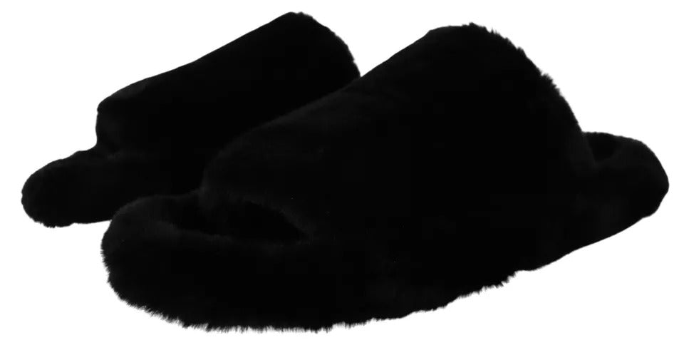 Dolce &amp; Gabbana Black Polyester Faux Fur Mens Flats Sandals Shoes