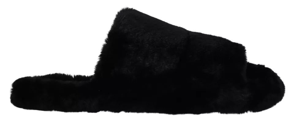 Dolce &amp; Gabbana Black Polyester Faux Fur Mens Flats Sandals Shoes