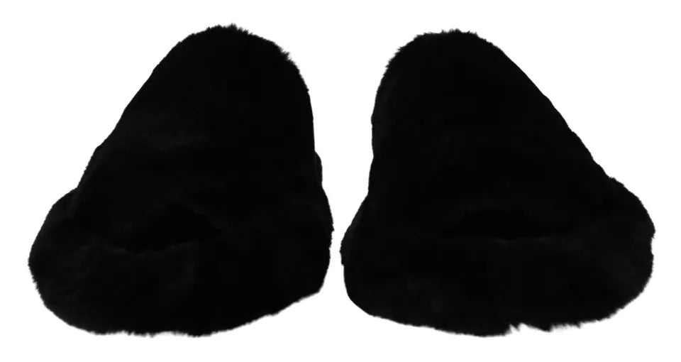 Dolce &amp; Gabbana Black Polyester Faux Fur Mens Flats Sandals Shoes