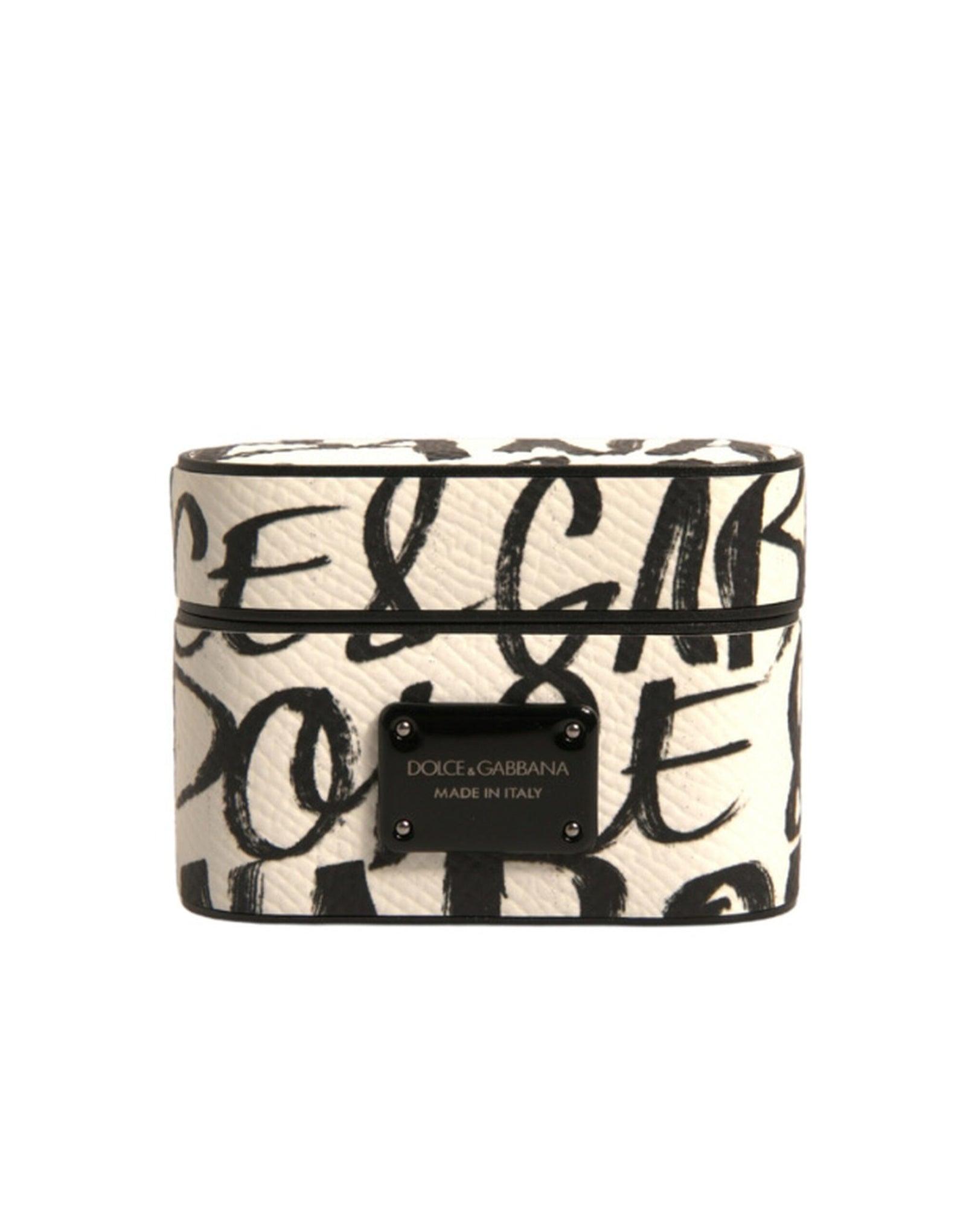 Étui pour Airpods Dolce & Gabbana en cuir noir et blanc avec logo en relief