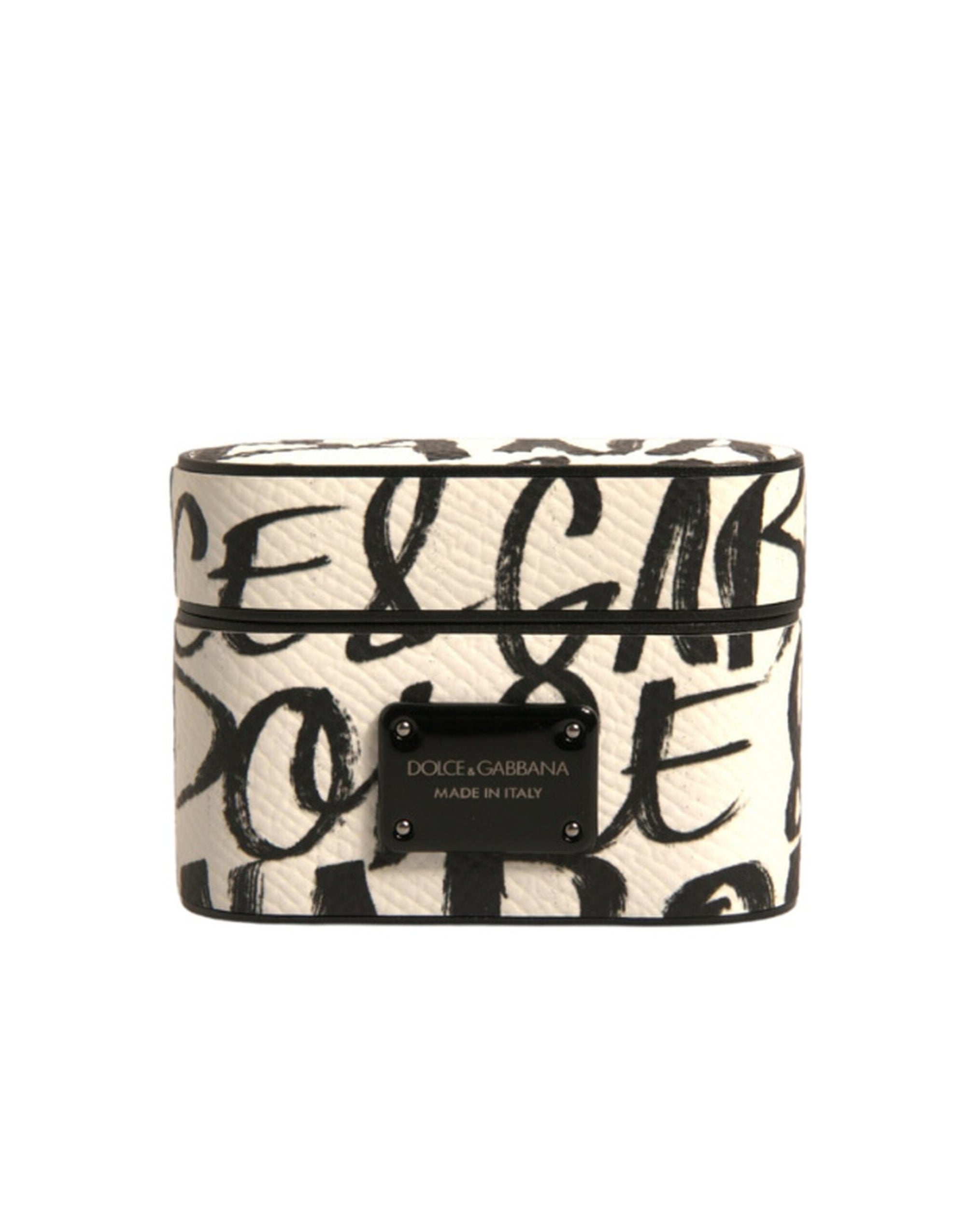 Étui pour Airpods Dolce & Gabbana en cuir noir et blanc avec logo en relief