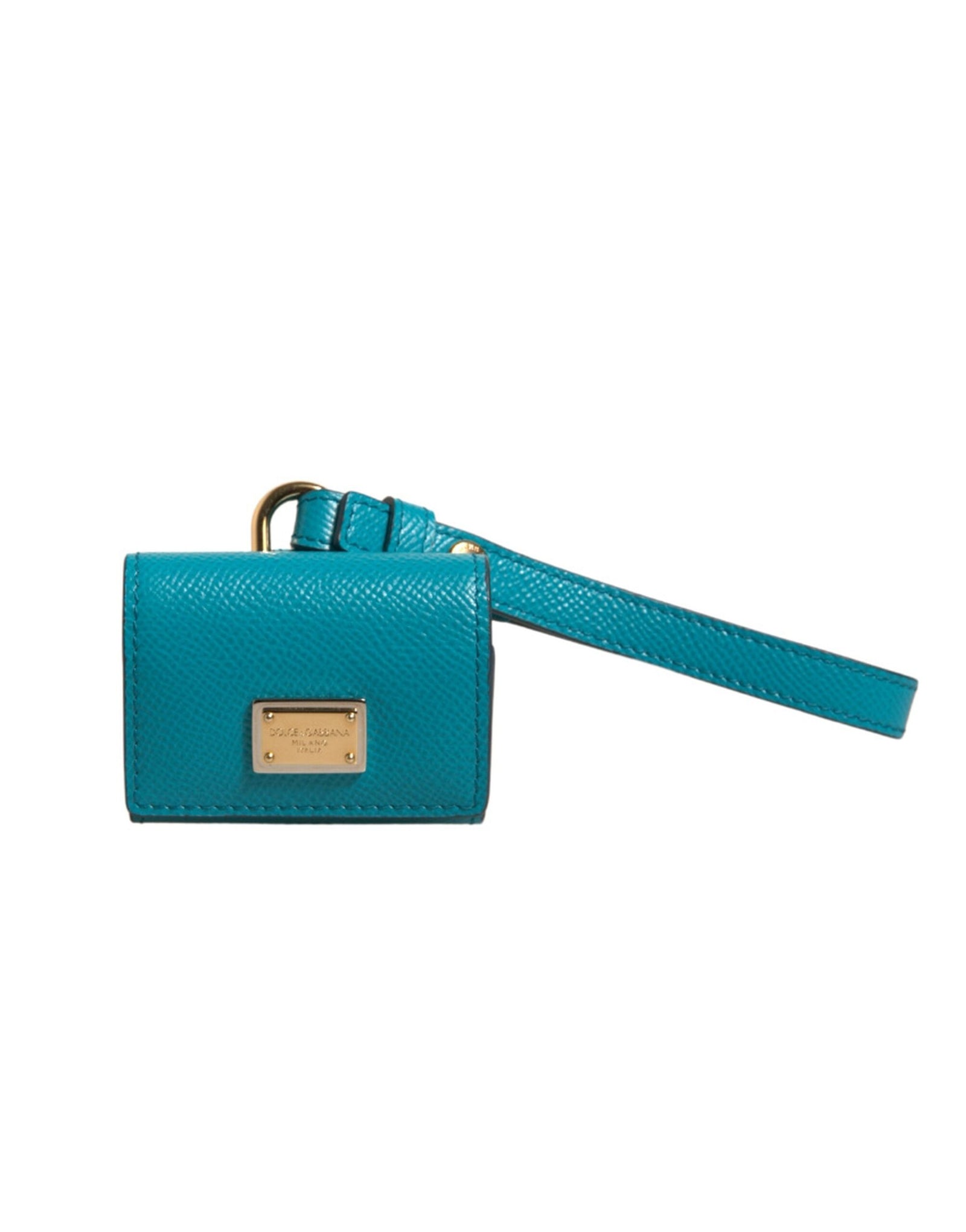 Étui pour Airpods Dolce & Gabbana avec plaque logo verte en cuir et bracelet en métal doré