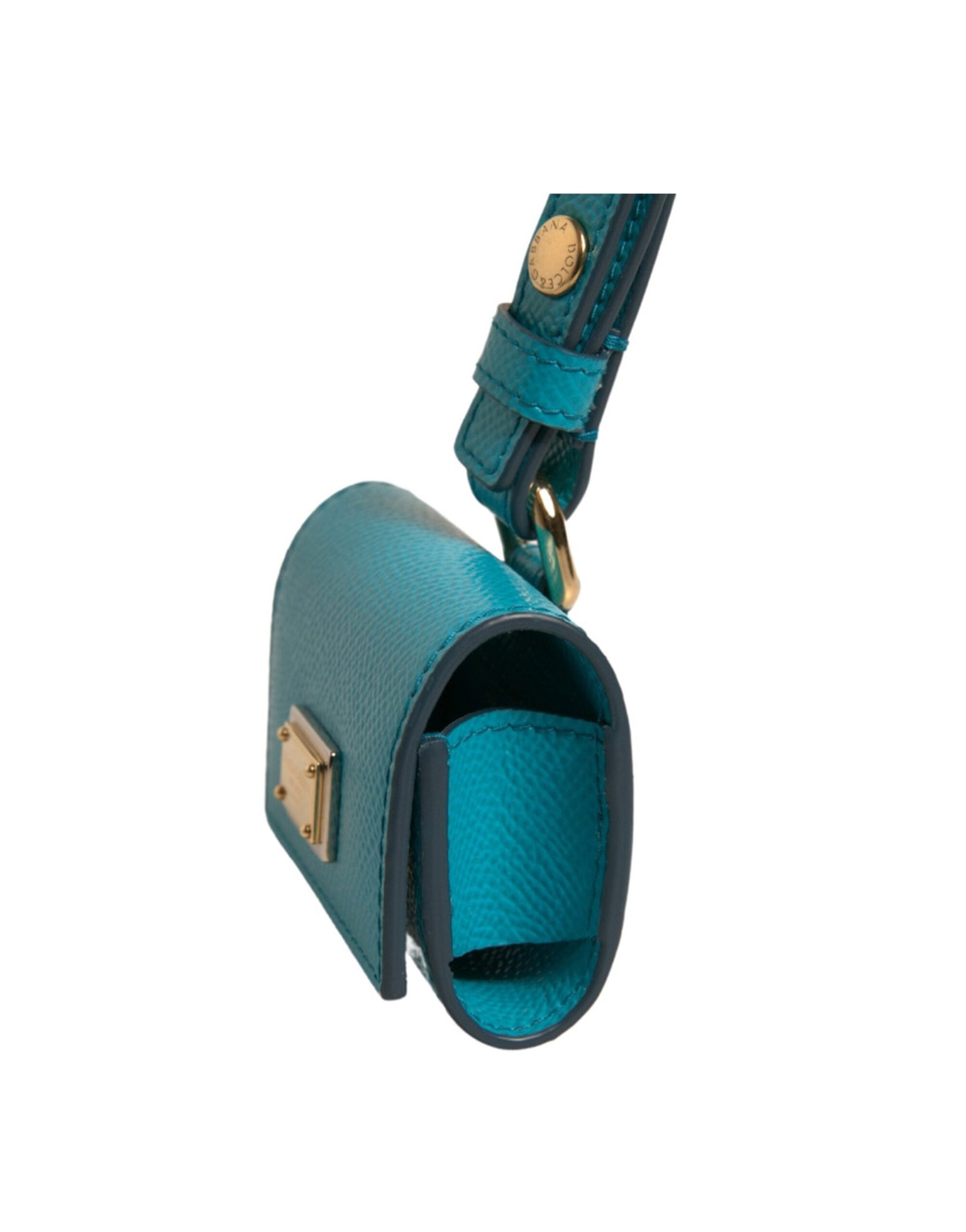Étui pour Airpods Dolce & Gabbana avec plaque logo verte en cuir et bracelet en métal doré
