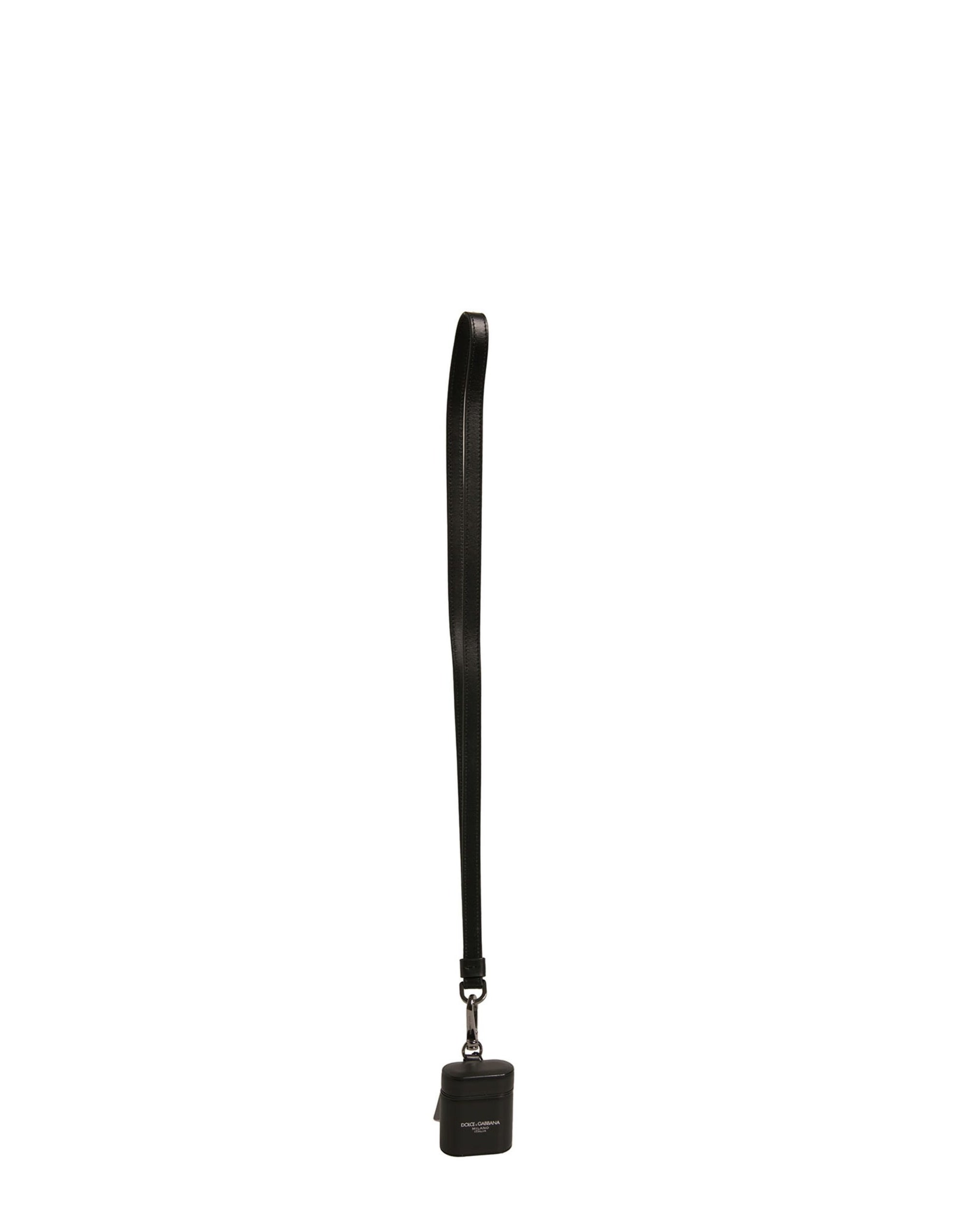 Étui pour Airpods Dolce & Gabbana en cuir noir avec logo et bracelet en métal argenté