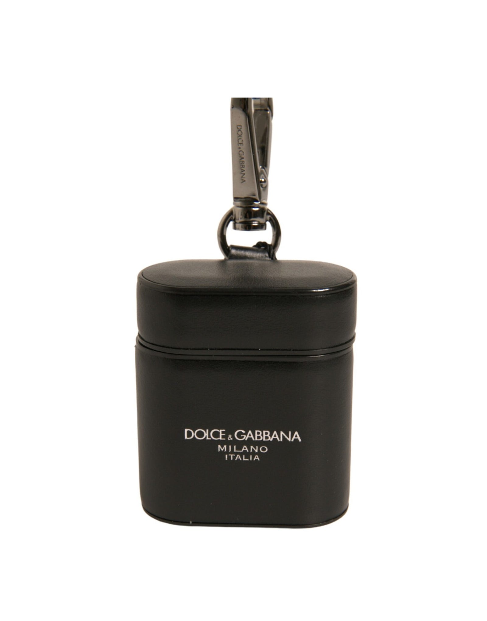 Étui pour Airpods Dolce & Gabbana en cuir noir avec logo et bracelet en métal argenté
