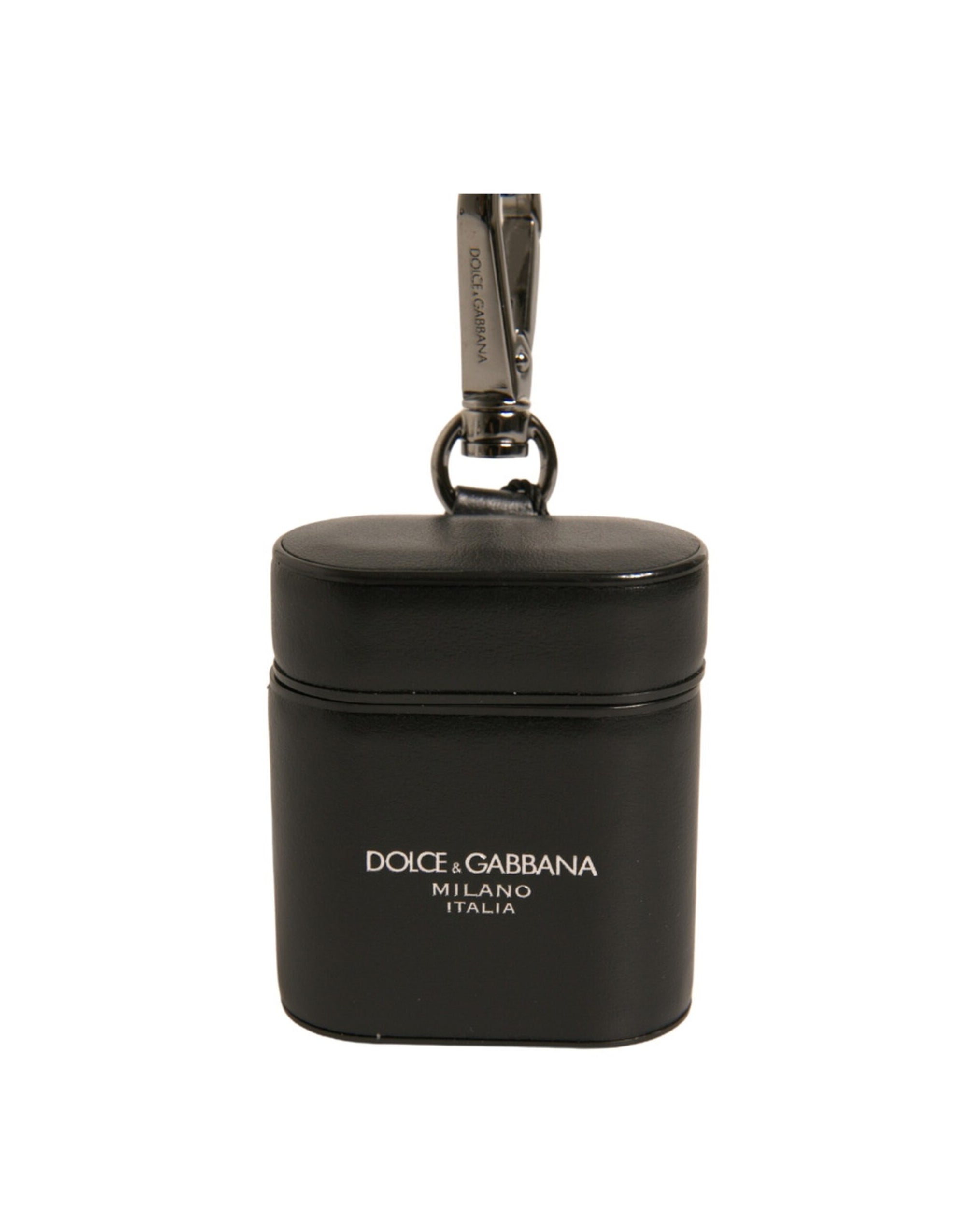 Étui pour Airpods Dolce & Gabbana en cuir noir avec logo et bracelet en métal argenté