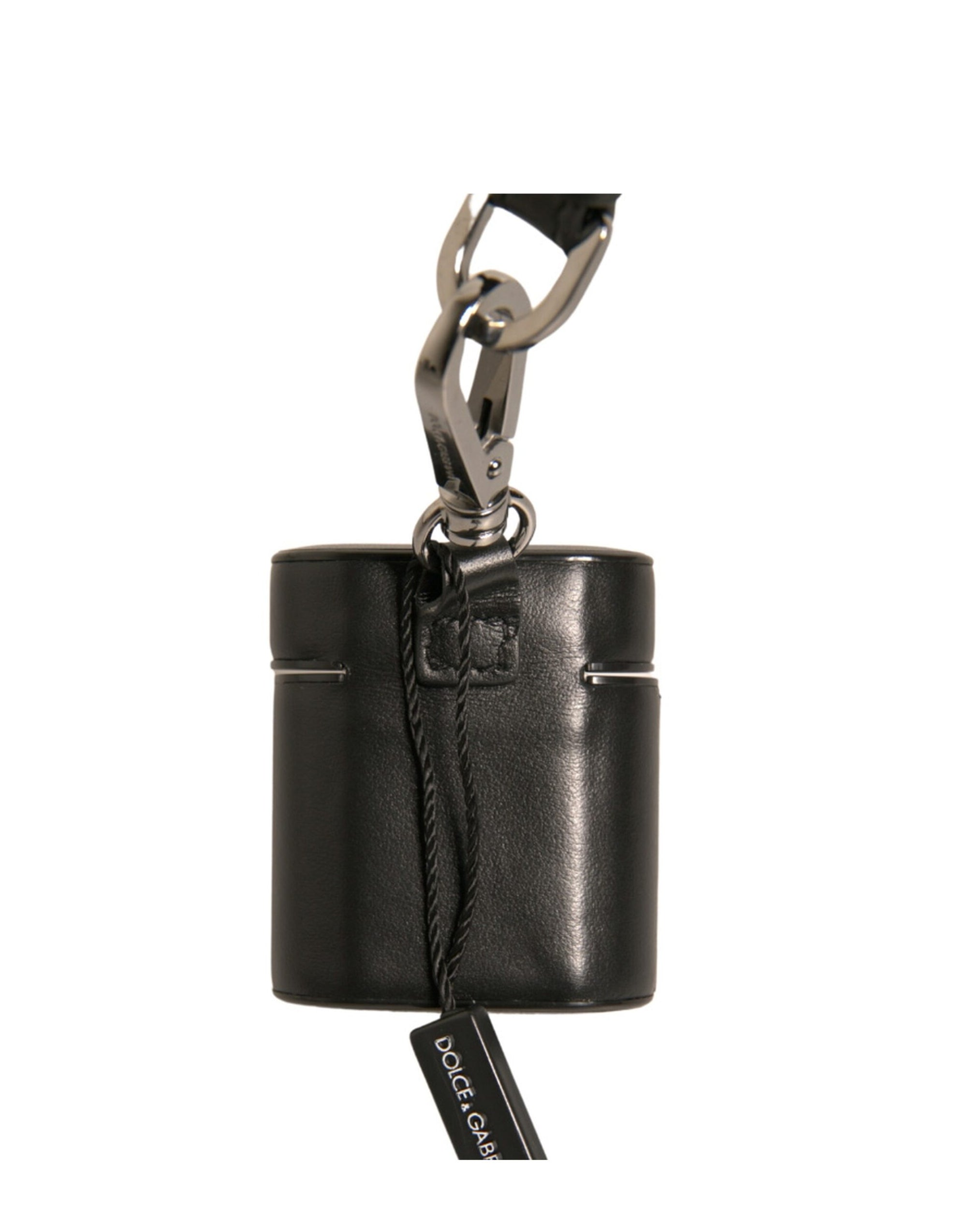 Étui pour Airpods Dolce & Gabbana en cuir noir avec logo et bracelet en métal argenté