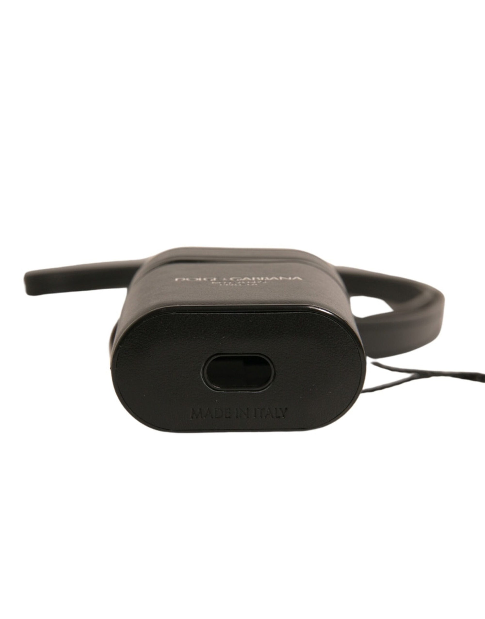 Étui pour Airpods Dolce & Gabbana en cuir noir avec logo et bracelet en métal argenté