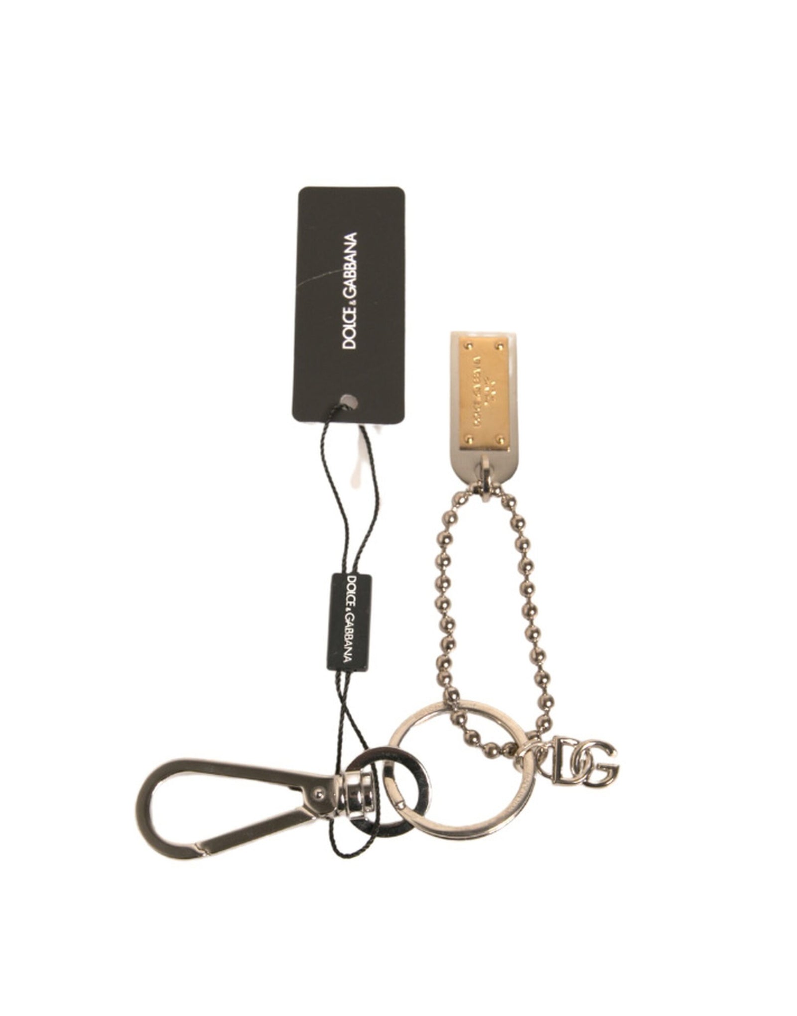Dolce &amp; Gabbana Silver Brass Chain Beaded Logo Plaque Keychain Keyring