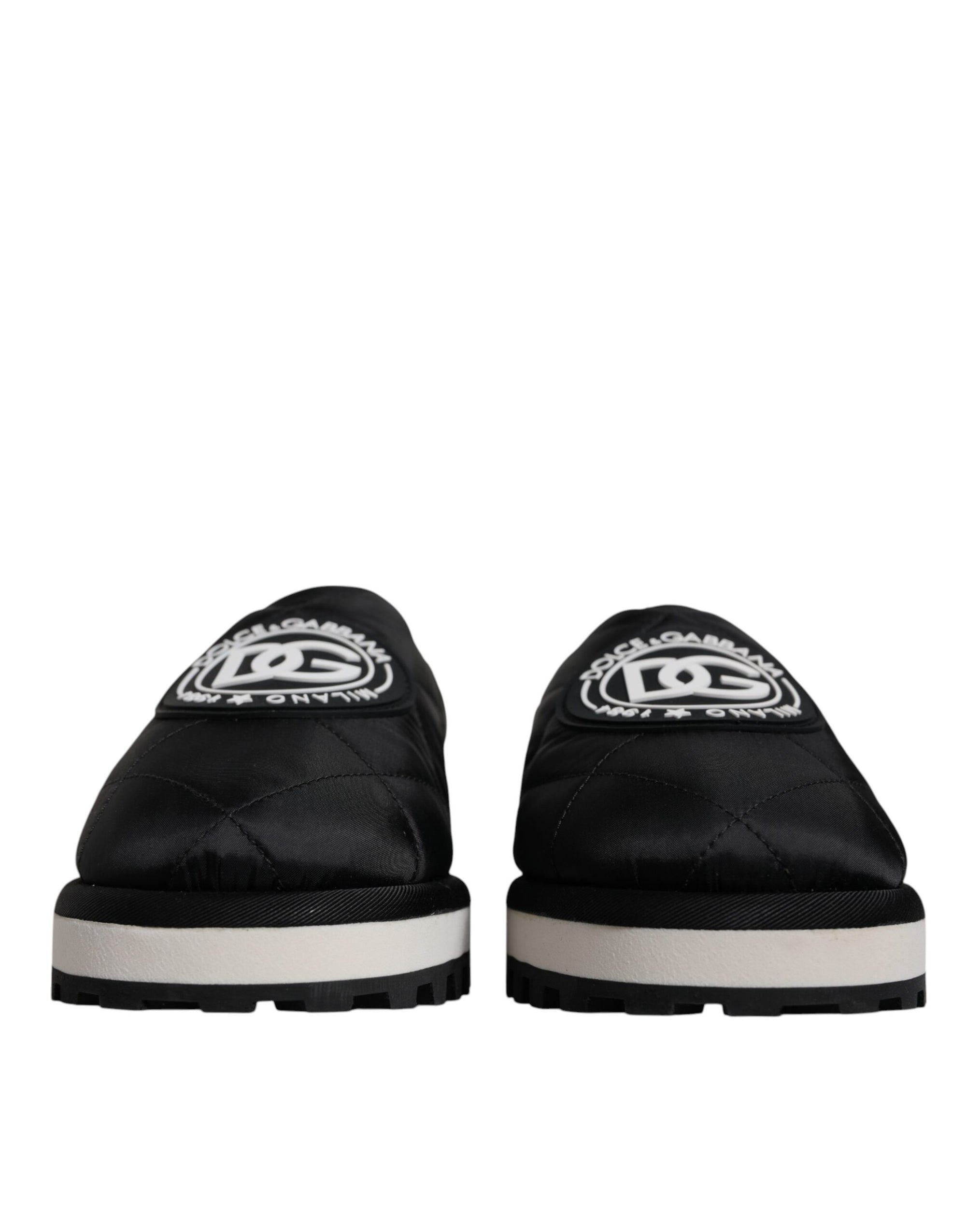 Dolce &amp; Gabbana Black Nylon Quilted Logo Patch Sandals Slides Shoes