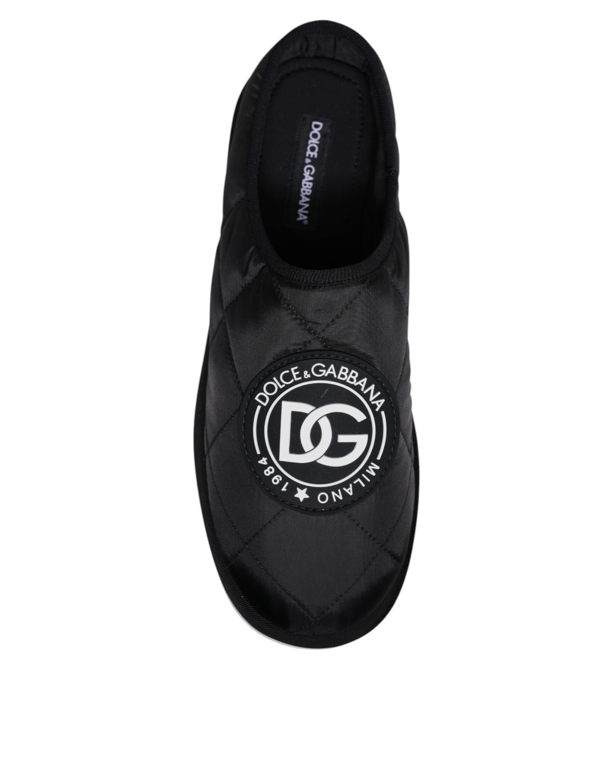 Dolce &amp; Gabbana Black Nylon Quilted Logo Patch Sandals Slides Shoes