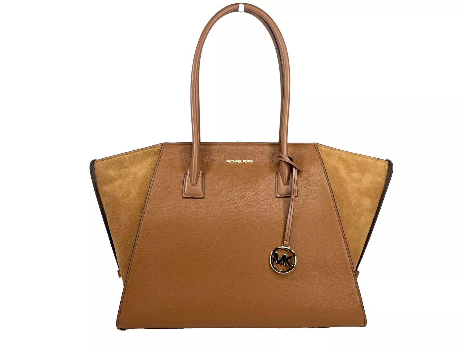 Sac cartable Michael Kors Avril XL en daim et cuir avec fermeture éclair sur le dessus, marron