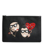 Dolce & Gabbana Black Leather #DGFAMILY Embellished Men Zip Pouch Bag