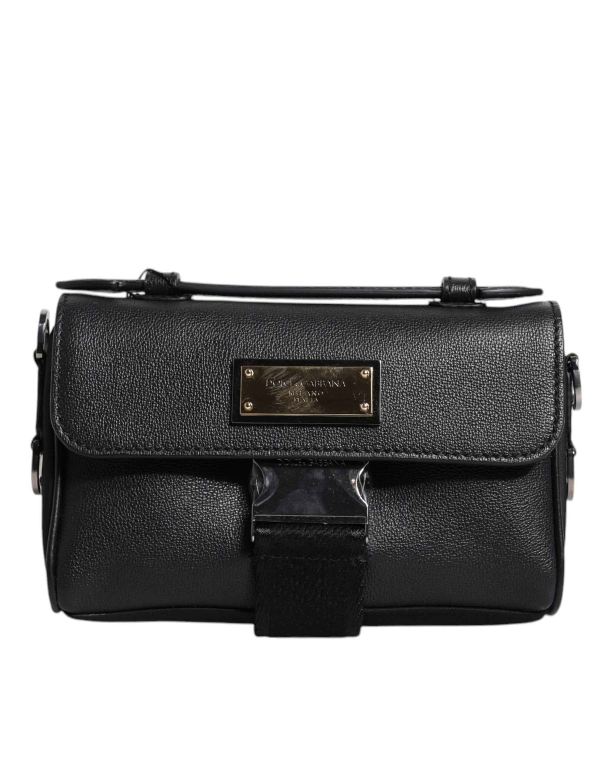 Dolce &amp; Gabbana Black Logo Plaque Leather Buckled Shoulder Crossbody Bag